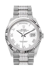 Rolex Day-Date 36 White Dial Fluted Bezel Gold Diamond President Watch 128239 Dc