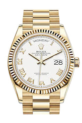 Rolex Day-Date 36 White Roman Dial 18K Yellow Gold Watch 128238 Dc