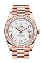 Rolex Day-Date 40 White Roman Dial Diamond Bezel 18K Everose Gold President Automatic Men’s Watch