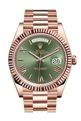 Rolex Day-Date 40 Olive Green Roman Dial Fluted Bezel 18K Everose Gold President Automatic Men’s