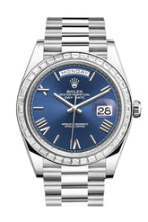 Rolex Day-Date 40 Blue Roman Dial Baguette Diamond Bezel Platinum President Automatic Men’s Watch