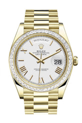 Rolex Day-Date 40 White Roman Dial Baguette Diamond Bezel 18K Yellow Gold President Automatic
