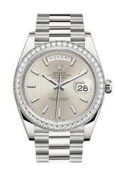 Rolex Day-Date 40 Silver Stripe Motif Dial Diamond Bezel White Gold President Automatic Men’s