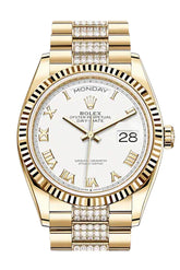 Rolex Day-Date 36 White Roman Dial 18K Yellow Gold Watch Diamond Set President Bracelet 128238 Dc