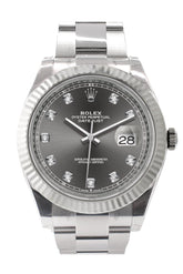 Rolex Datejust 41 Dark Rhodium Set With Diamonds Dial White Gold Fluted Bezel Mens Watch 126334