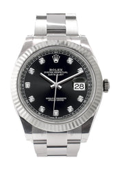 Rolex Datejust 41 Black Set With Diamonds Dial White Gold Fluted Bezel Mens Watch 126334