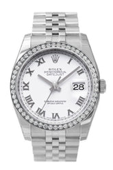 Custom Diamond Bezel Rolex Datejust 36 White Roman Dial Stainless Steel Jubilee Mens Watch 116200