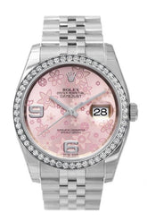 Custom Diamond Bezel Rolex Datejust 36 Pink Floral Dial Stainless Steel Jubilee Ladies Watch 116200