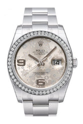 Custom Diamond Bezel Rolex Datejust 36 Silver Floral Motif 2 Arab Dial Stainless Steel Jubilee Mens