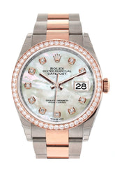 Custom Diamond Bezel Rolex Datejust 36 White Mother-Of-Pearl Set With Diamonds Dial Rose Gold Two