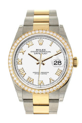 Custom Diamond Bezel Rolex Datejust 36 White Roman Dial Oyster Yellow Gold Two Tone Watch 126203