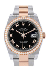 Custom Diamond Bezel Rolex Datejust 36 Black Roman Dial Rose Gold Two Tone Watch 116201 116231
