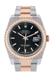 Custom Diamond Bezel Rolex Datejust 36 Black Dial Oyster Rose Gold Two Tone Watch 116201 116231