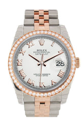 Custom Diamond Bezel Rolex Datejust 36 White Roman Dial Jubilee Rose Gold Two Tone Watch 116201