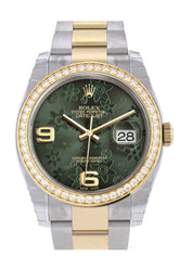 Custom Diamond Bezel Rolex Datejust 36 Green Floral Motif Arab Dial Oyster Yellow Gold Two Tone
