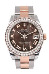 Custom Diamond Bezel Rolex Datejust 31 Black Mother Of Pearl Roman Dial 18K Rose Gold Two Tone