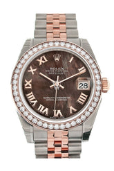 Custom Diamond Bezel Rolex Datejust 31 Black Mother Of Pearl Roman Dial 18K Rose Gold Two Tone