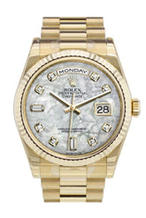 Rolex Day-Date 36 White Mother-Of-Pearl Diamonds Dial Fluted Bezel President Yellow Gold Watch