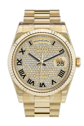 Rolex Day-Date 36 Diamond-Paved Dial Fluted Bezel President Yellow Gold Watch 118238