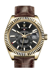 Rolex Sky Dweller Dark Rhodium Dial 18K Yellow Gold Brown Leather Strap Mens Watch 326138