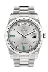 Rolex Day-Date 36 Rhodium Set With Diamonds And Emeralds Dial Fluted Bezel President White Gold