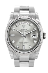 Rolex Day-Date 36 Silver Set With Diamonds Dial Fluted Bezel Oyster White Gold Watch 118239