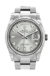 Rolex Day-Date 36 Silver Set With Diamonds Dial Fluted Bezel Oyster White Gold Watch 118239