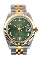 Rolex Datejust 31 Olive Green Roman Large Vi Diamond Dial Fluted Bezel 18K Gold Two Tone Jubilee