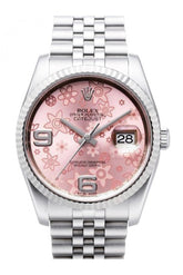 Rolex Datejust 36 Pink Floral Dial 18K White Gold Fluted Bezel Stainless Steel Jubilee Watch 116234