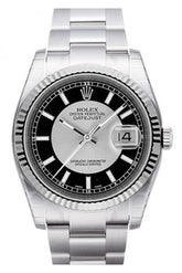 Rolex Datejust 36 Silver Black Dial 18K White Gold Fluted Bezel Stainless Steel Oyster Watch 116234