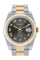 Rolex Datejust 36 Black Jubilee Roman Dial Fluted 18K Gold Two Tone Oyster Watch 116233 / None