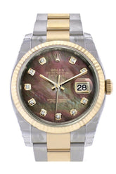 Rolex Datejust 36 Black Mother-Of-Pearl Diamond Dial Fluted 18K Gold Two Tone Oyster Watch 116233