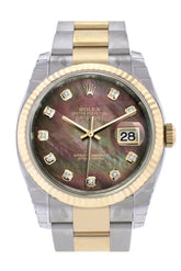 Rolex Datejust 36 Black Mother-Of-Pearl Diamond Dial Fluted 18K Gold Two Tone Oyster Watch 116233