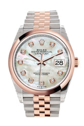 Rolex Datejust 36 White Mother-Of-Pearl Set With Diamonds Dial Dome Rose Gold Two Tone Jubileewatch