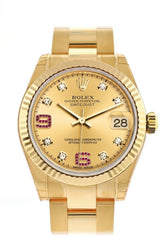 Rolex Datejust 31 Champagne Diamonds Rubies Dial Fluted Bezel 18K Yellow Gold Ladies Watch 178278 /