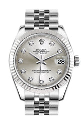 Rolex Datejust 31 Silver Set Diamonds Dial White Gold Fluted Bezel Jubilee Ladies Watch 178274 /