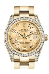 Rolex Datejust 31 Champagne Floral Motif Dial Diamond Bezel Lug 18K Yellow Gold Ladies Watch 178158