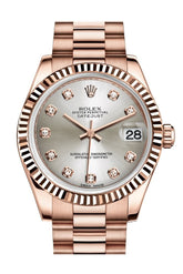 Rolex Datejust 31 Silver Diamond Dial Fluted Bezel 18K Everose Gold President Ladies Watch 178275 /