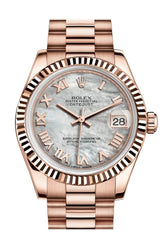 Rolex Datejust 31 White Mother Of Pearl Roman Dial Fluted Bezel 18K Everose Gold President Ladies