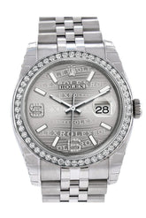 Rolex Datejust 36 Rhodium Waves Diamond Dial 18K White Gold Bezel Jubilee Mens Watch 116244 / None