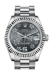 Rolex Datejust 31 Dark Rhodium Raised Floral Motif Dial Fluted Bezel 18K White Gold President Ladies