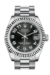 Rolex Datejust 31 Black Concentric Circles Arabic Dial Fluted Bezel 18K White Gold President Ladies