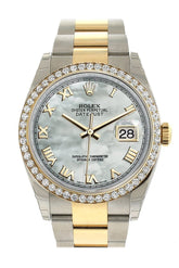 Rolex Datejust 36 White Mother-Of-Pearl Dial 18K Gold Diamond Bezel Ladies Watch 116243