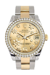 Rolex Datejust 31 Champagne Raised Floral Motif Dial Diamond Bezel Yellow Gold Two Tone Watch 178383