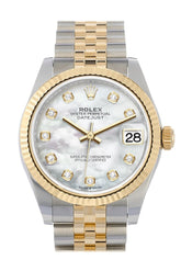 Rolex Datejust 31 White Mother-Of-Pearl Diamond Dial Fluted Bezel 18K Yellow Gold Two Tone Jubilee