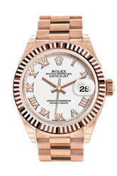 Rolex Datejust 28 White Roman Dial Fluted Bezel Rose Gold President Ladies Watch 279175 / None