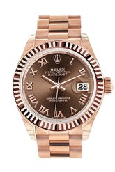 Rolex Datejust 28 Chocolate Roman Dial Fluted Bezel Rose Gold President Ladies Watch 279175 / None