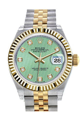 Rolex Datejust 28 Mint Green Diamond Dial Fluted Yellow Gold Two Tone Jubilee Ladies Watch 279173 /