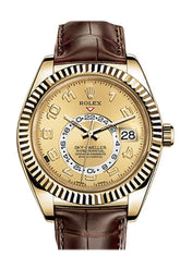 Rolex Sky Dweller Champagne Dial 18K Yellow Gold Brown Leather Strap Mens Watch 326138