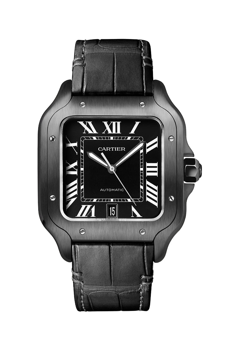  Cartier Santos de Cartier Watch  39.8 mm Steel And Adlc Case Black Dial - Both Bracelet - Rubber Strap WSSA0039